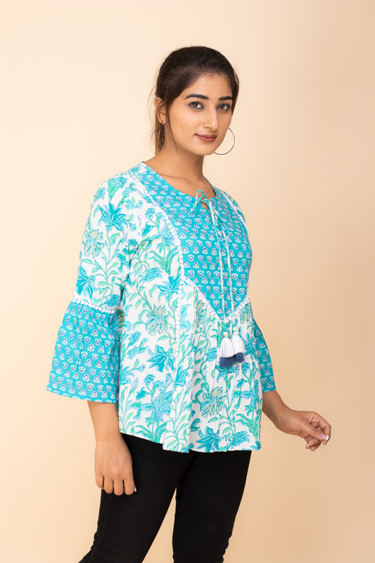 Elegant Aqua blue Printed Peplum Cotton Top with Tassel Detailing