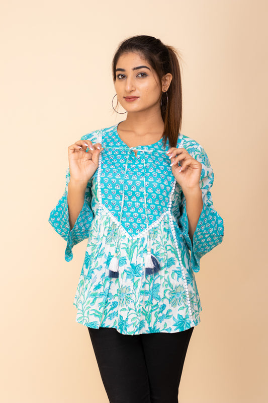 Elegant Aqua blue Printed Peplum Cotton Top with Tassel Detailing