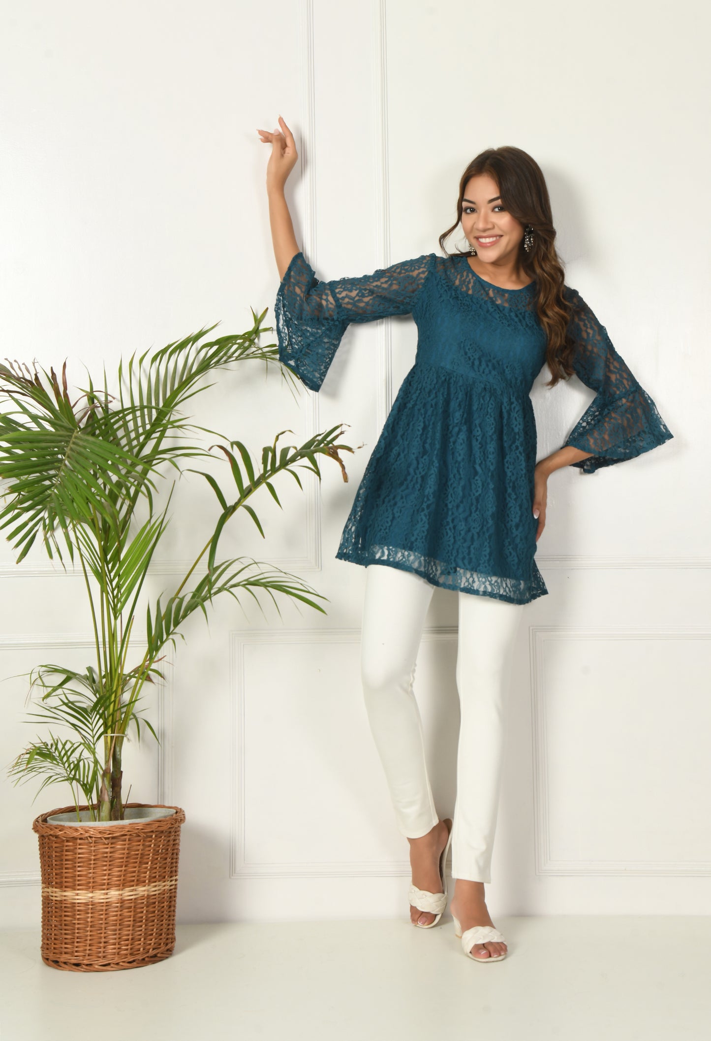 Teal Green Lace A-Line Tunic Top with Flared Sleeves