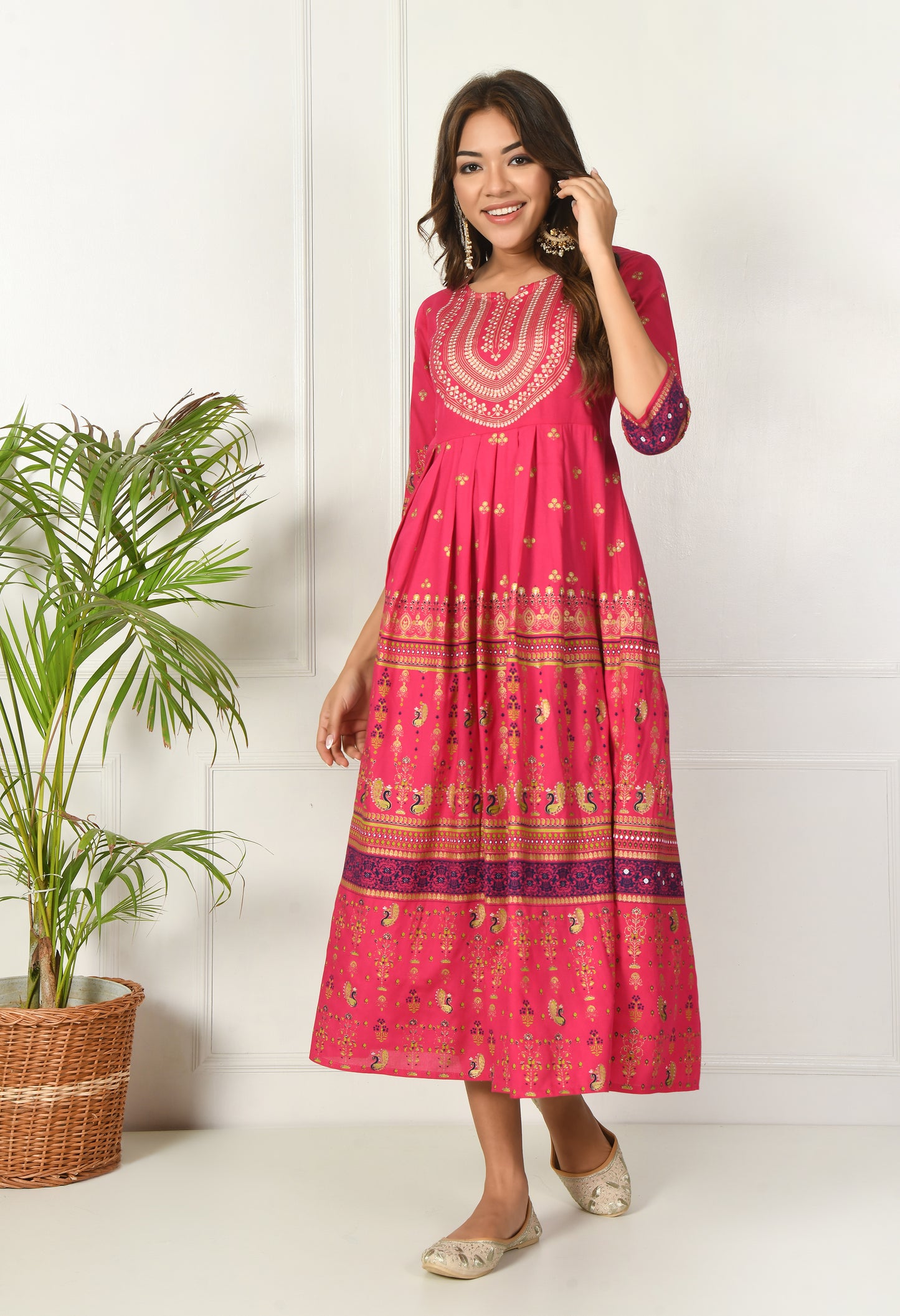 Vibrant Pink Ethnic Printed Anarkali Kurti Dress