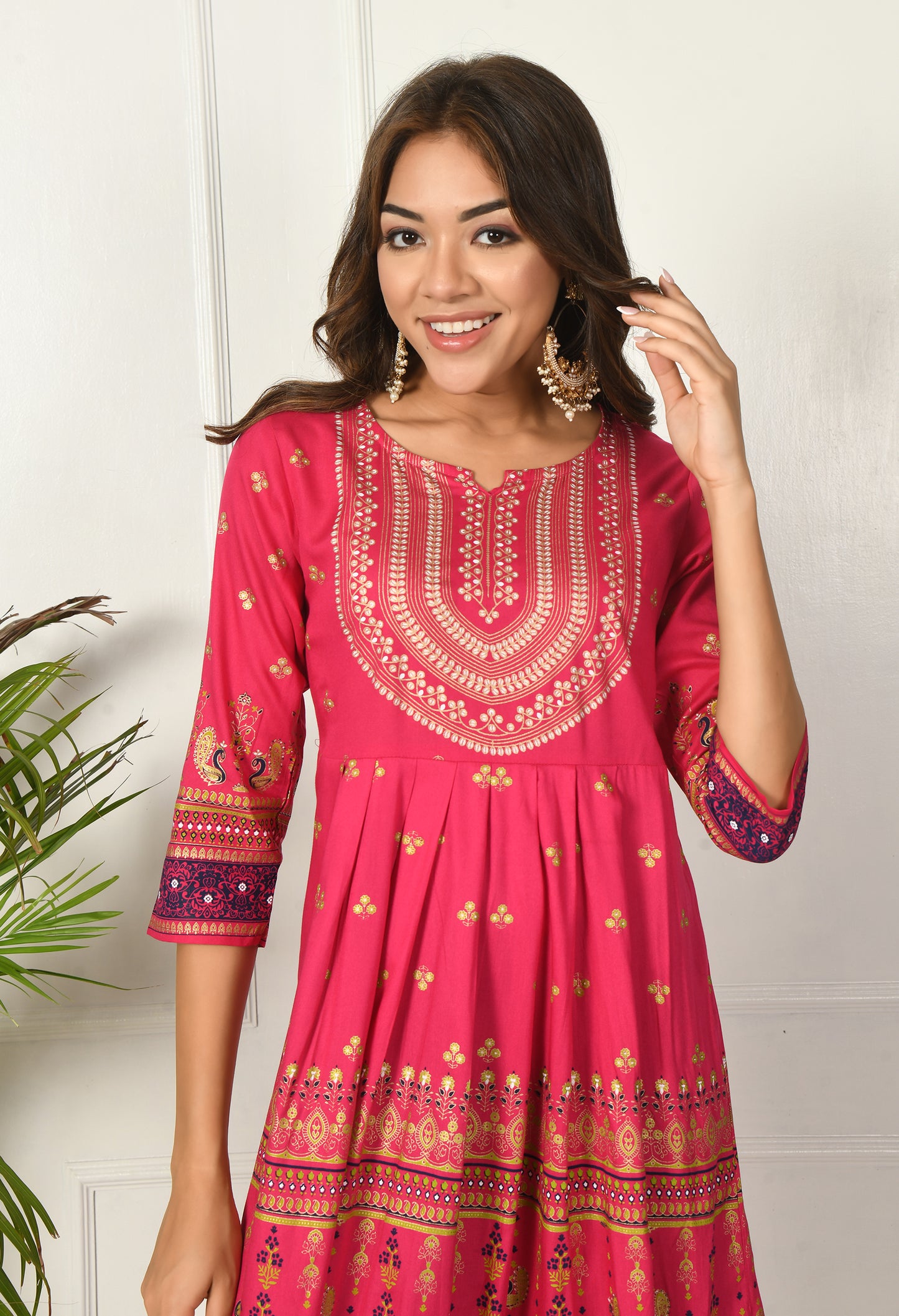 Vibrant Pink Ethnic Printed Anarkali Kurti Dress
