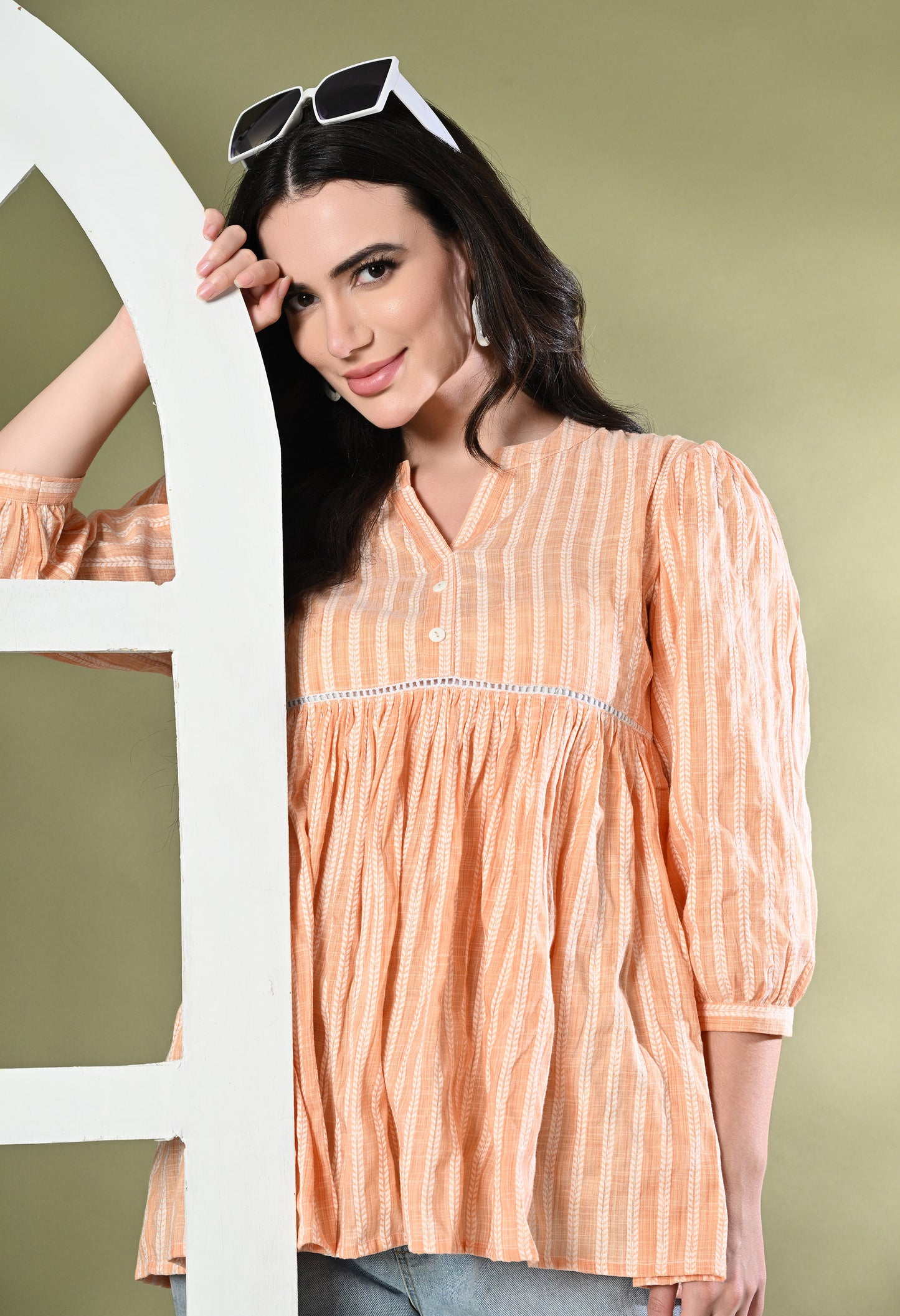 Striped katha Flared Cotton Top with Front Button Detailing