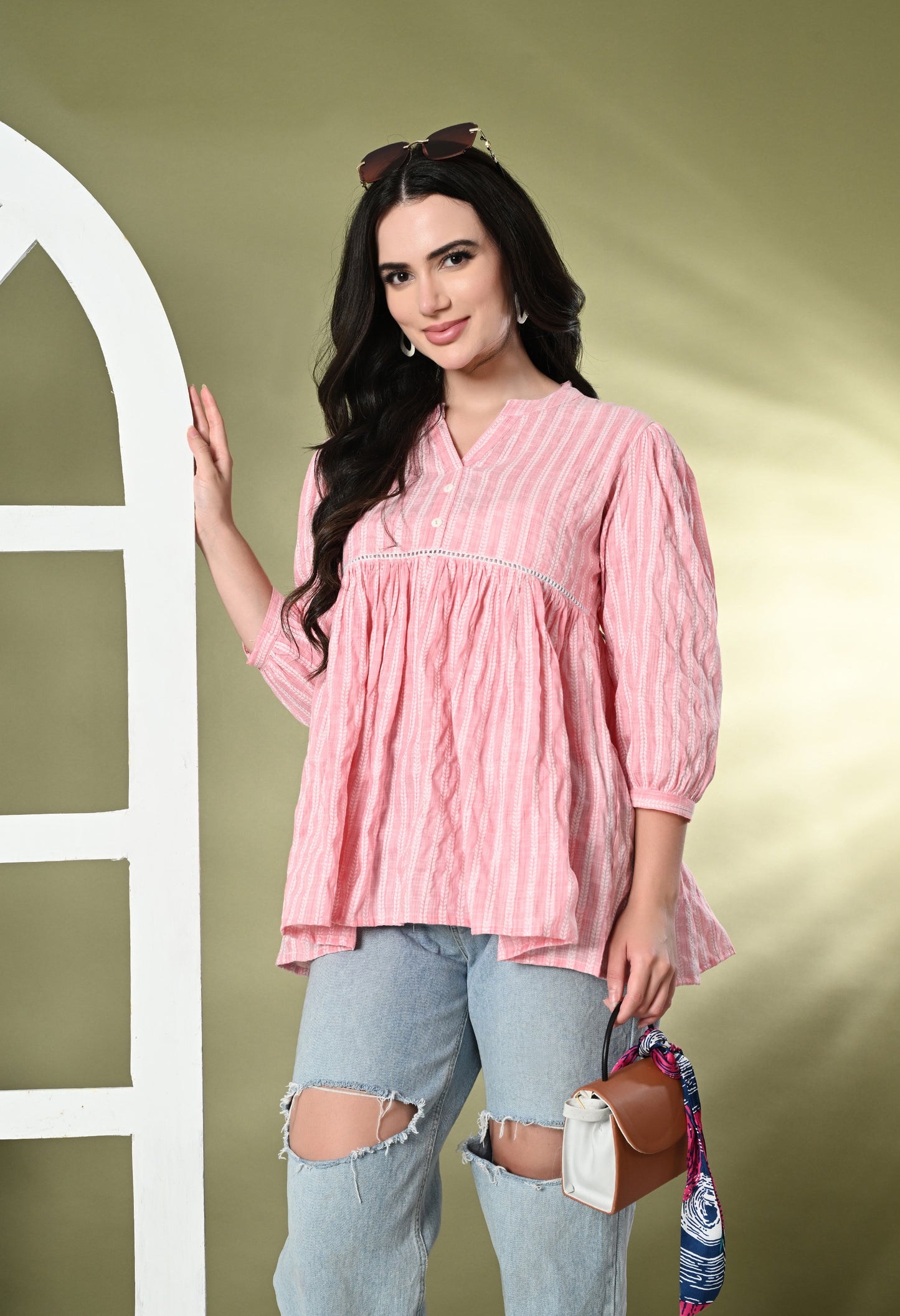 Striped katha Flared Cotton Top with Front Button Detailing