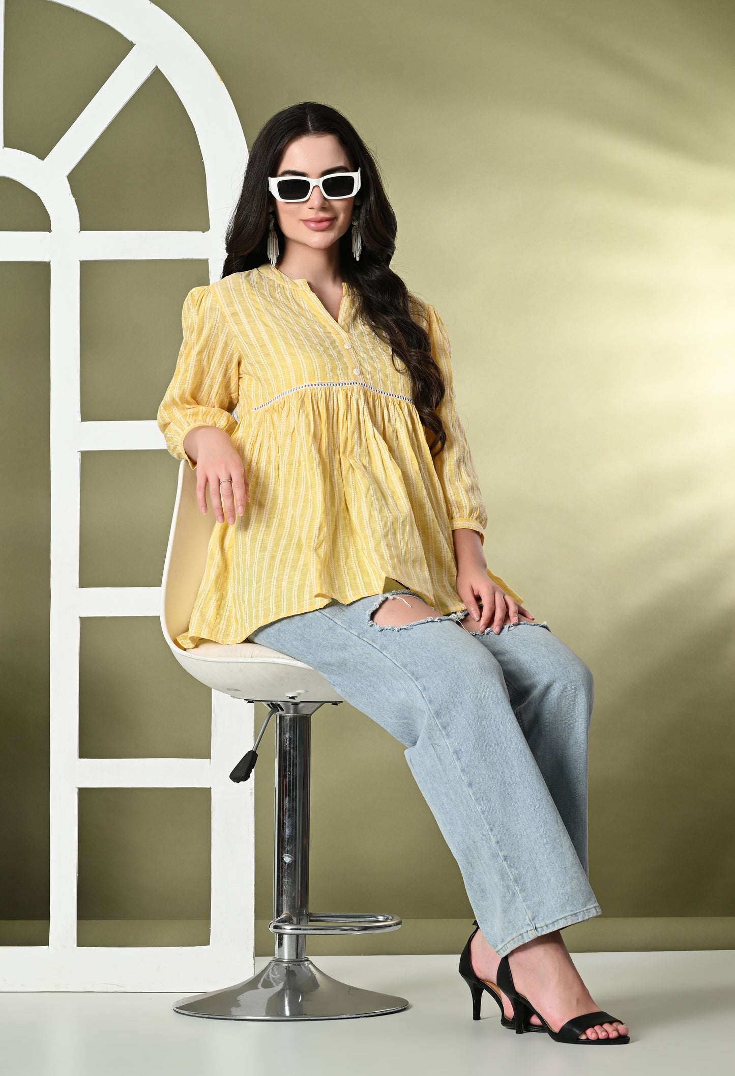 Striped katha Flared Cotton Top with Front Button Detailing
