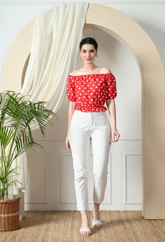 Bold Red Polka Dot Off-Shoulder Crop Top – Retro Chic Style