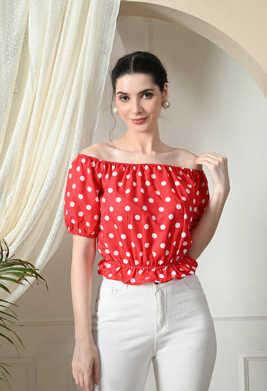 Bold Red Polka Dot Off-Shoulder Crop Top – Retro Chic Style