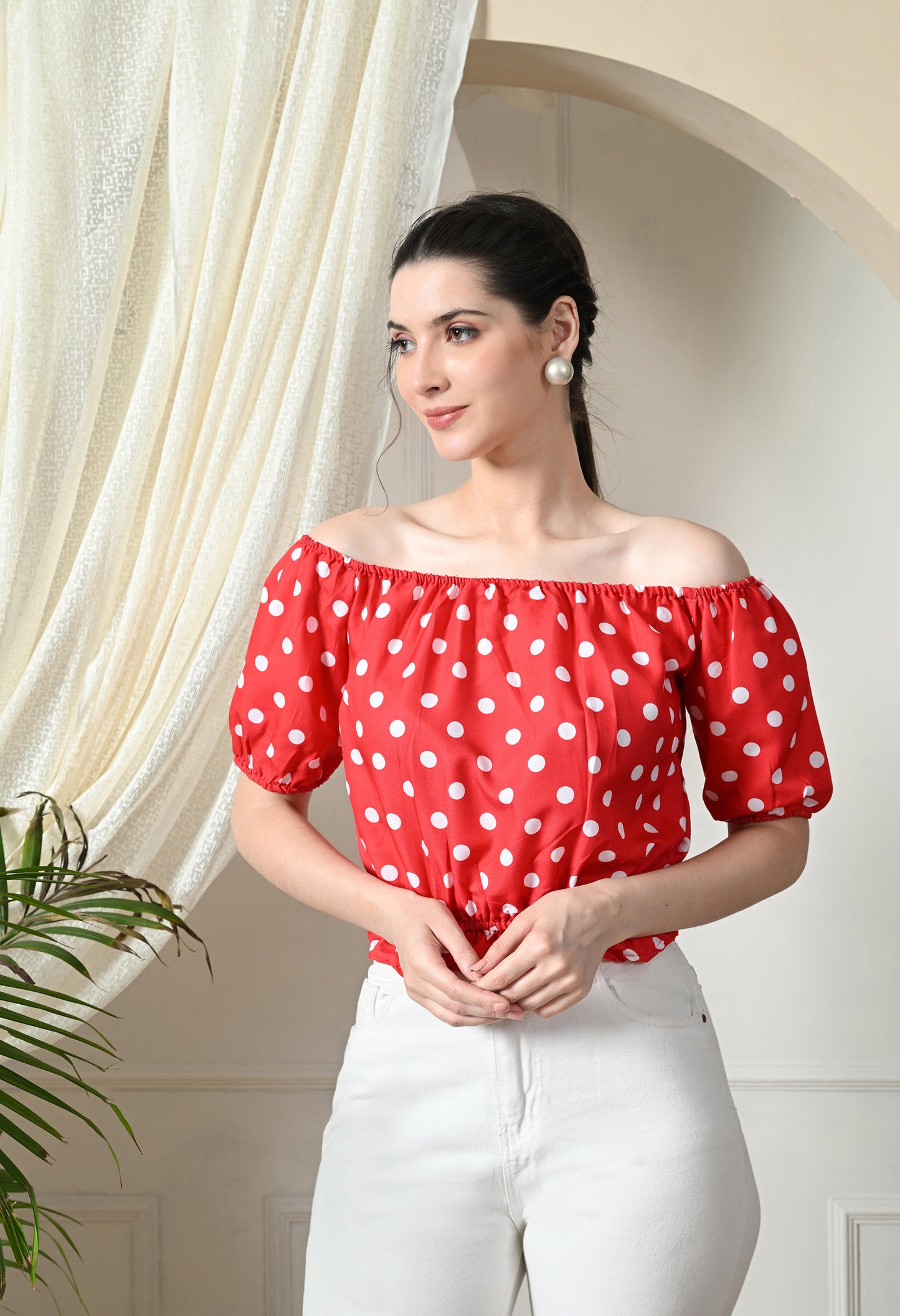 Bold Red Polka Dot Off-Shoulder Crop Top – Retro Chic Style