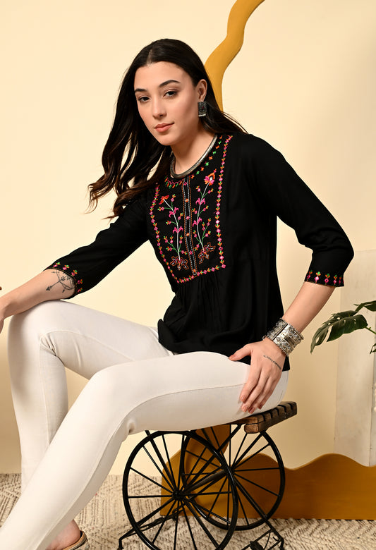Boho Rayon Embroidered Peplum Top with Tassel Tie-Up