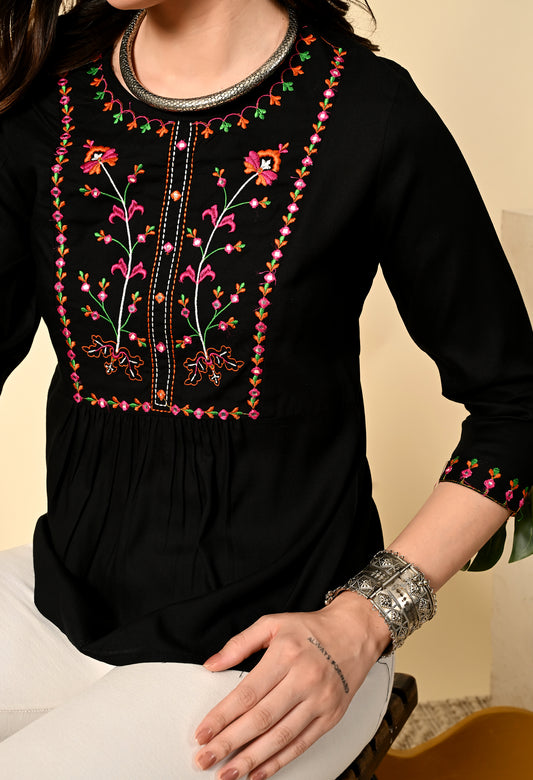 Boho Rayon Embroidered Peplum Top with Tassel Tie-Up