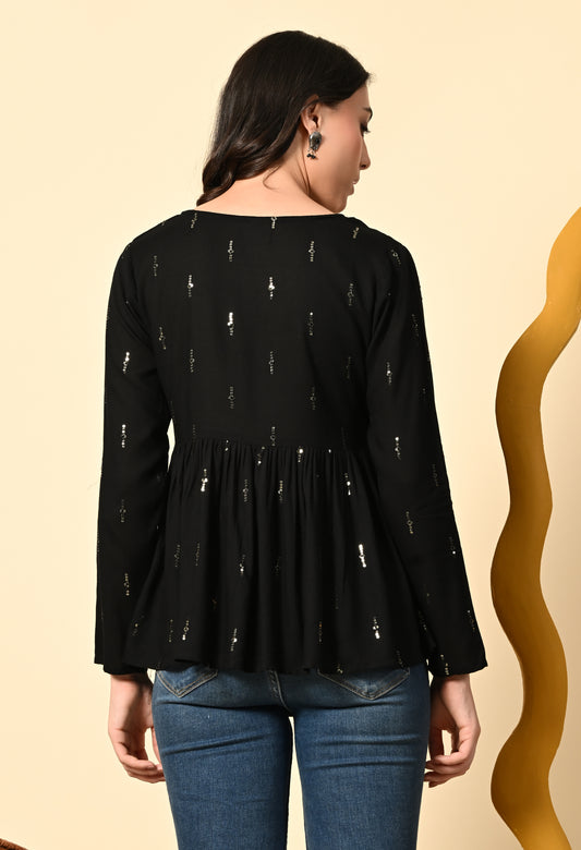 Black Embellished Peplum Top with Square Neck