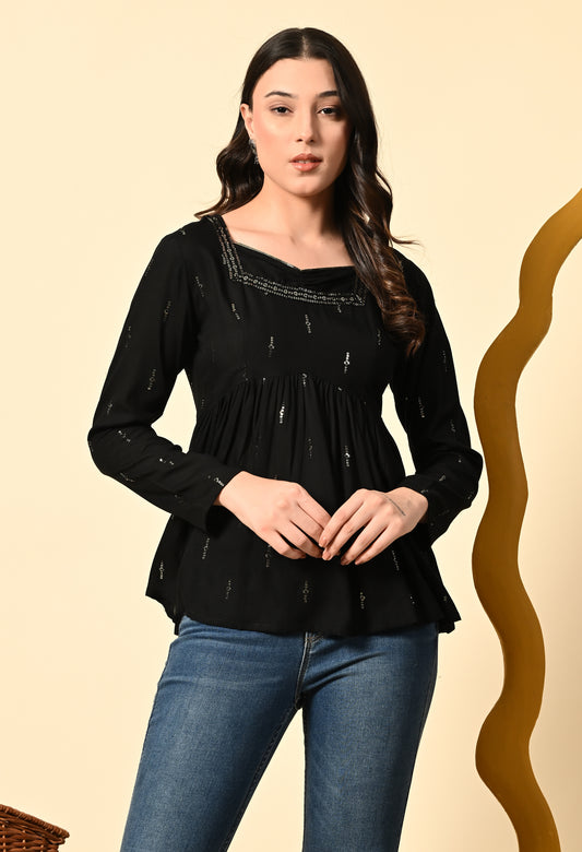 Black Embellished Peplum Top with Square Neck