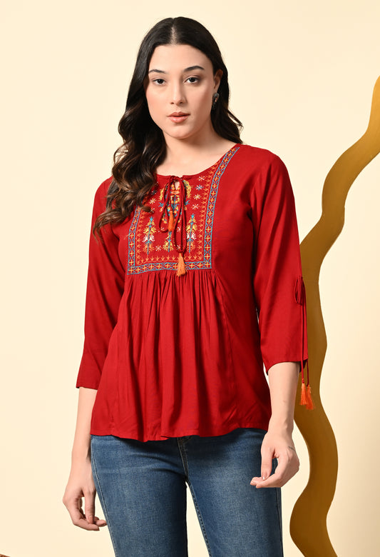 Boho Maroon Rayon Embroidered Peplum Top with Tassel Tie-Up