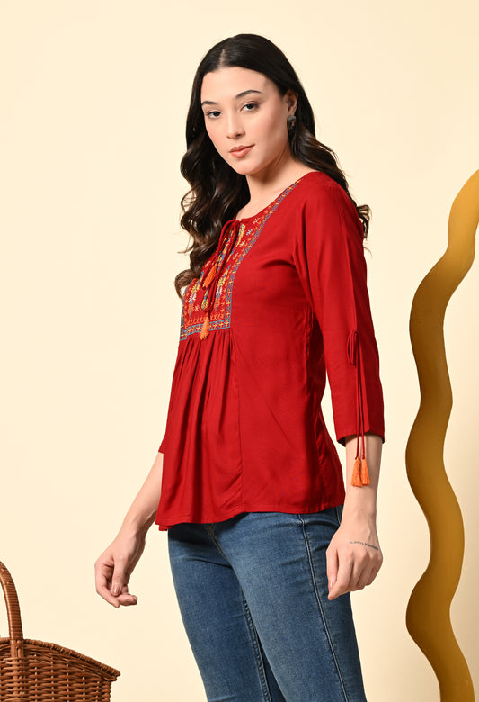 Boho Maroon Rayon Embroidered Peplum Top with Tassel Tie-Up
