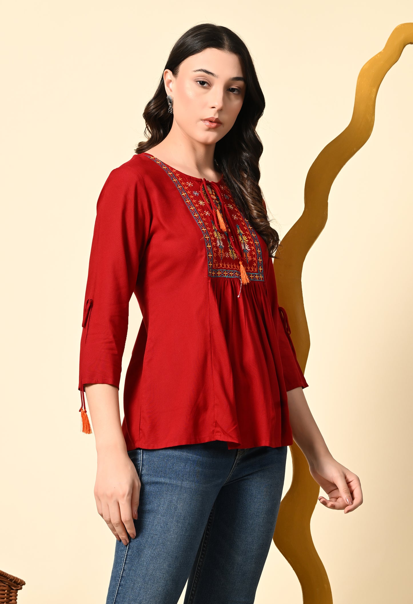 Boho Maroon Rayon Embroidered Peplum Top with Tassel Tie-Up