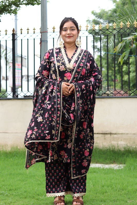 Black Floral Cotton Kurta Pant Dupatta Set – Elegant Ethnic Charm