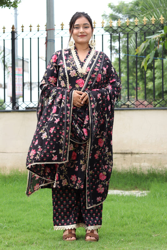 Black Floral Cotton Kurta Pant Dupatta Set – Elegant Ethnic Charm