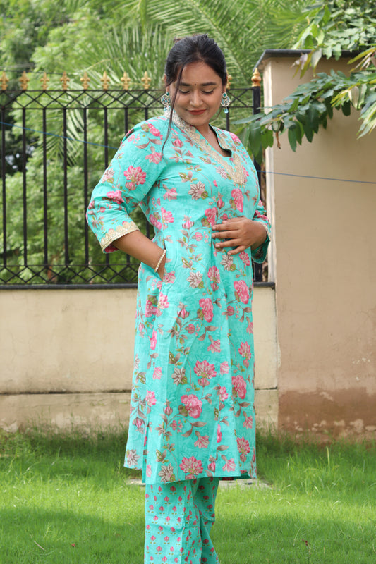 Aqua Floral Cotton Kurta Set – Ethnic Elegance for Everyday Wear