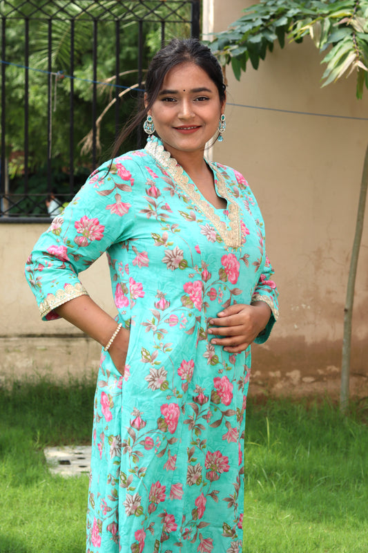 Aqua Floral Cotton Kurta Set – Ethnic Elegance for Everyday Wear