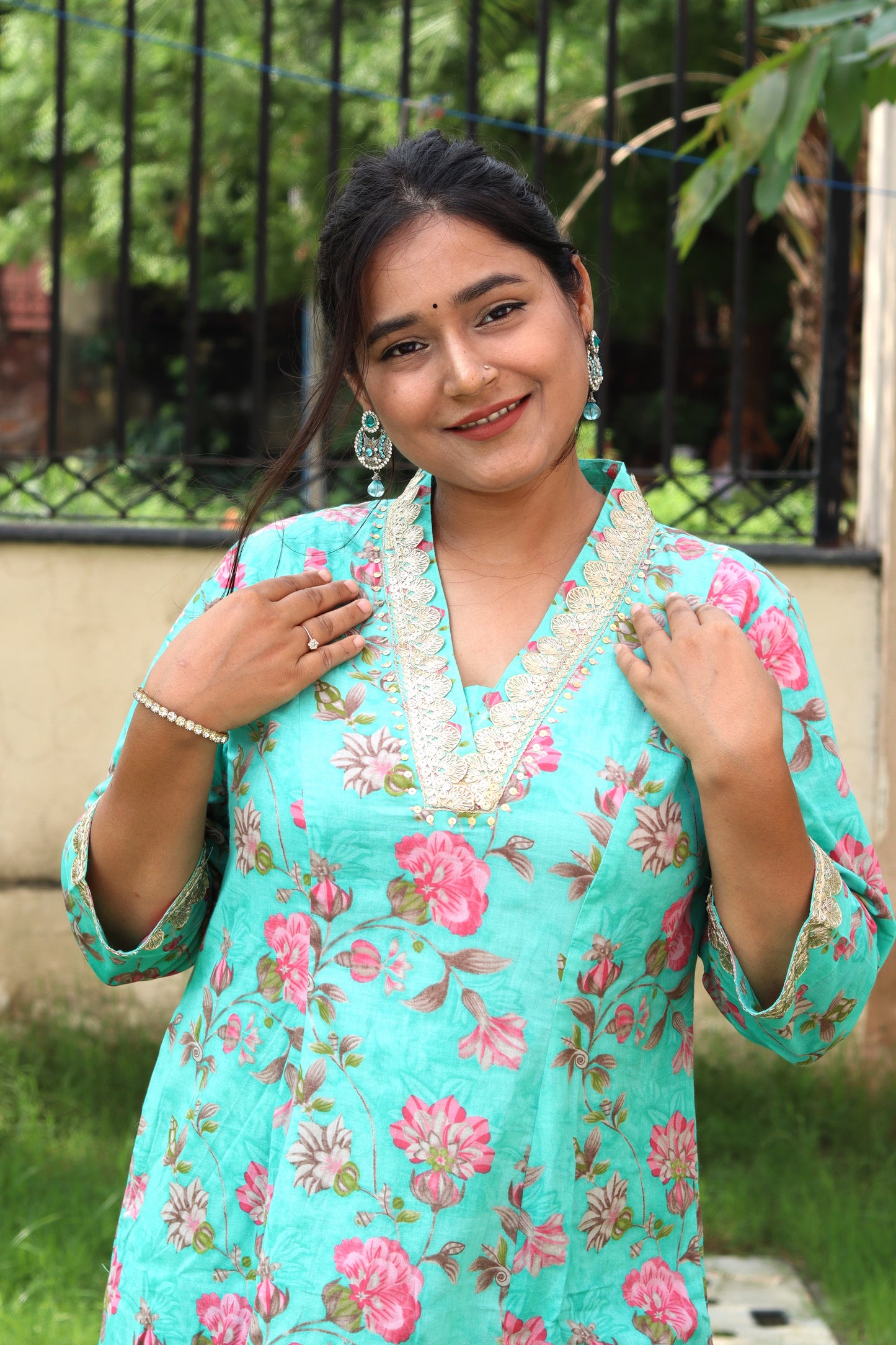 Aqua Floral Cotton Kurta Set – Ethnic Elegance for Everyday Wear
