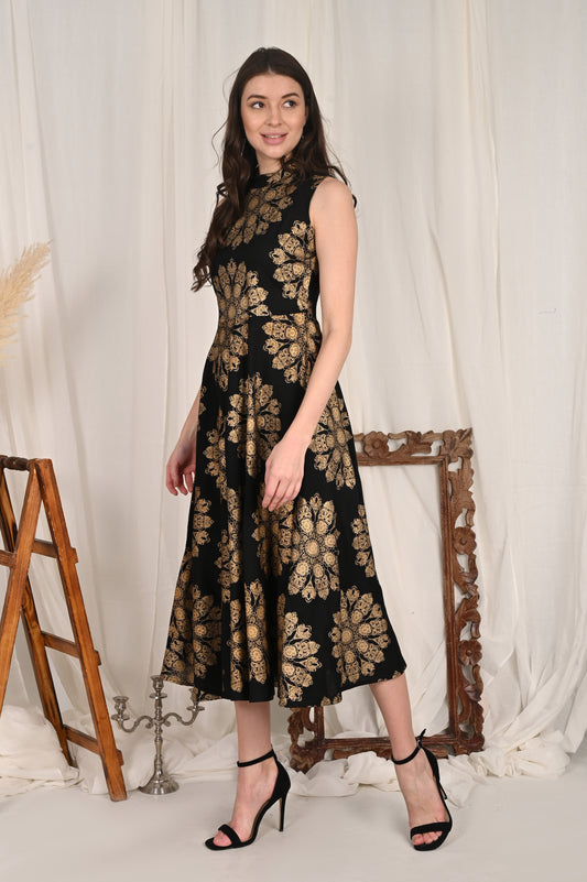Elegant Black & Gold Mandala Print Sleeveless Midi Dress