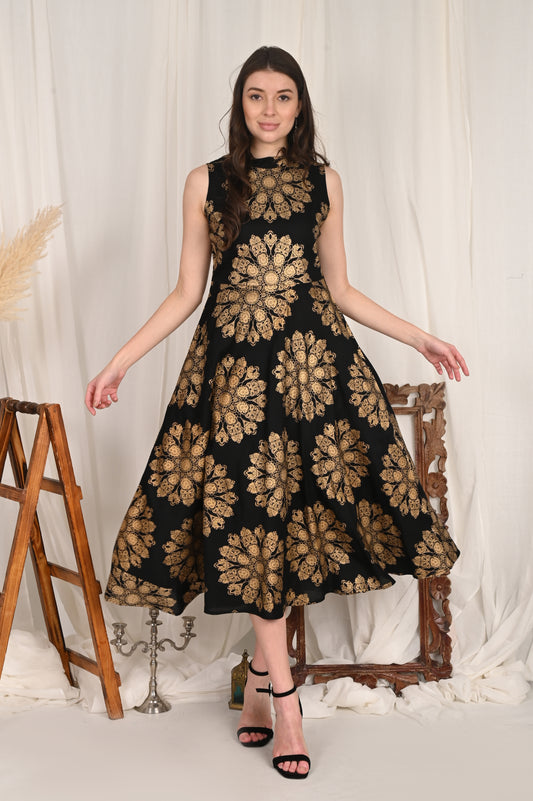 Elegant Black & Gold Mandala Print Sleeveless Midi Dress