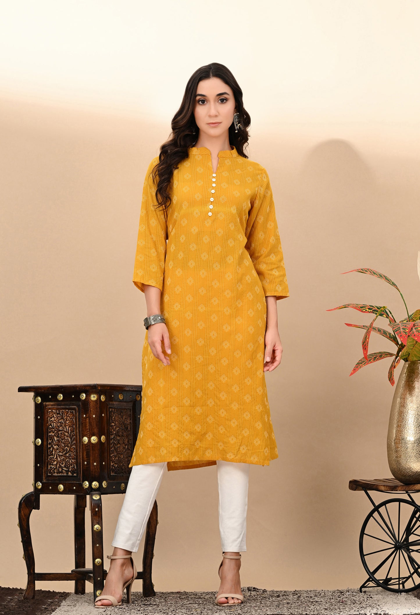 Indigo Blue katha work Cotton Kurti with chinese colar