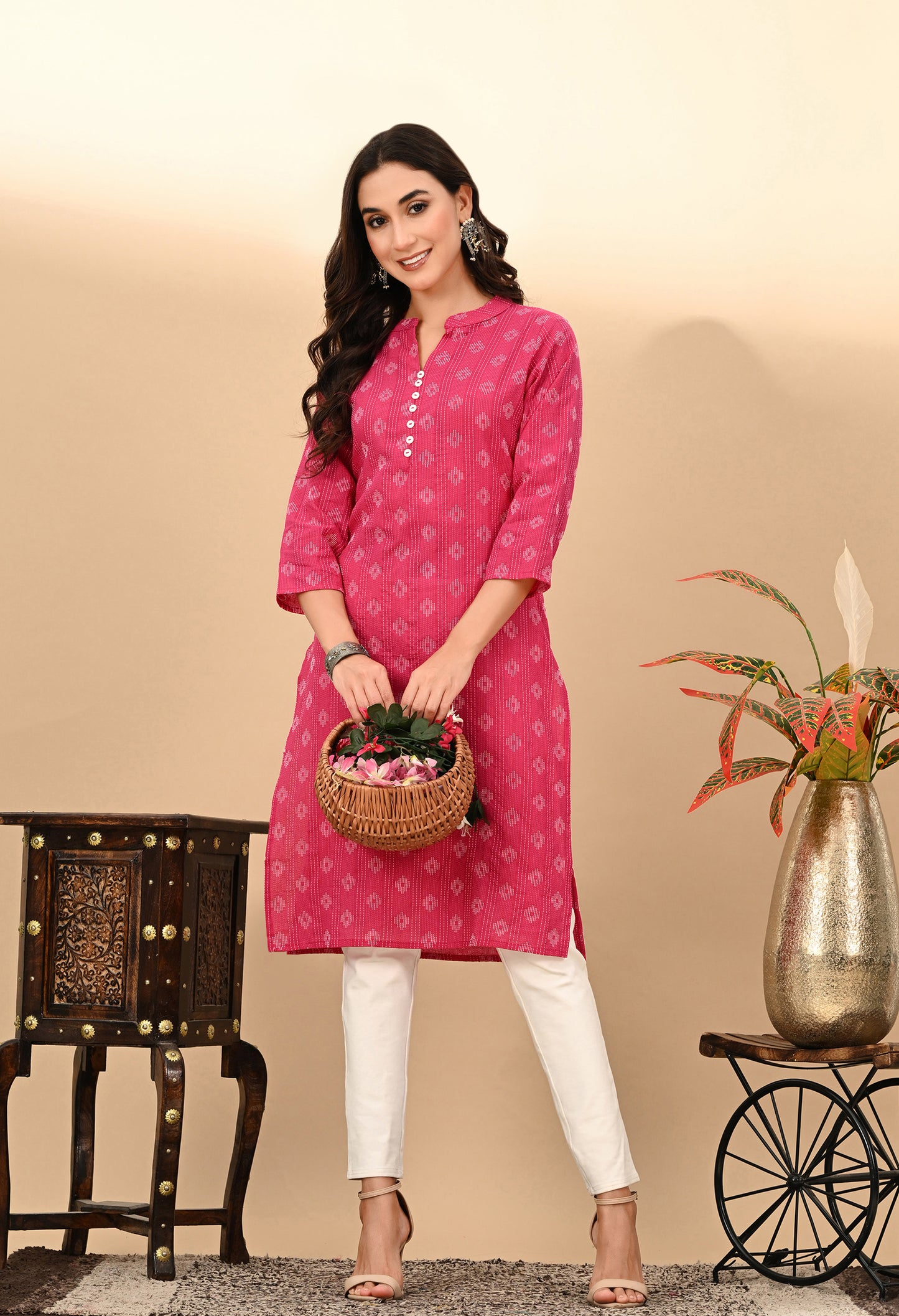 Indigo Blue katha work Cotton Kurti with chinese colar