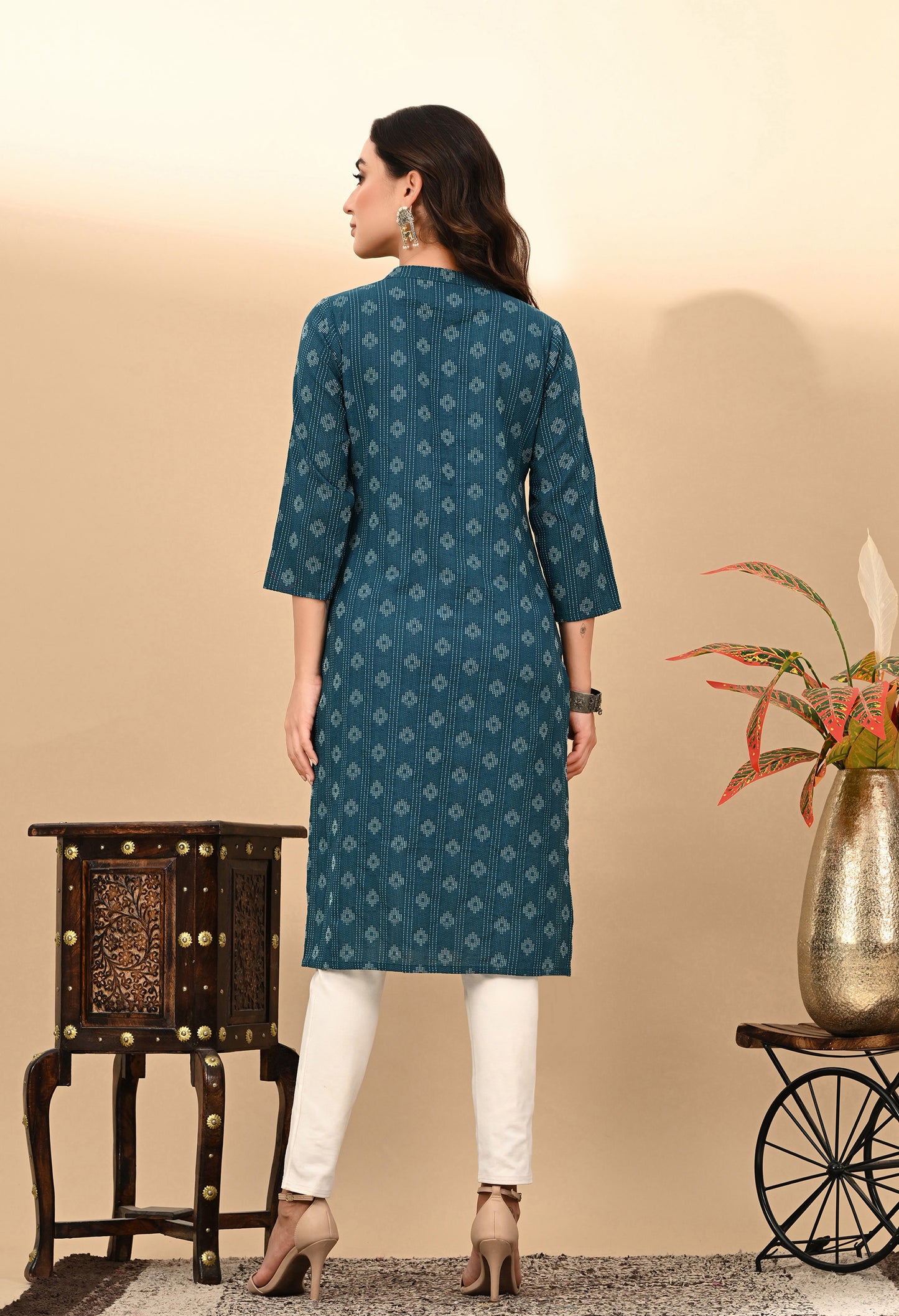Indigo Blue katha work Cotton Kurti with chinese colar