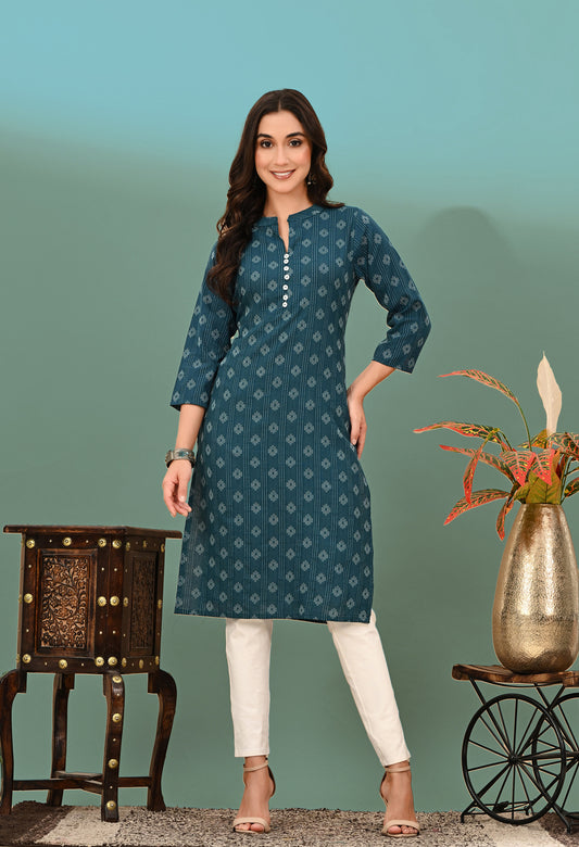 Indigo Blue katha work Cotton Kurti with chinese colar