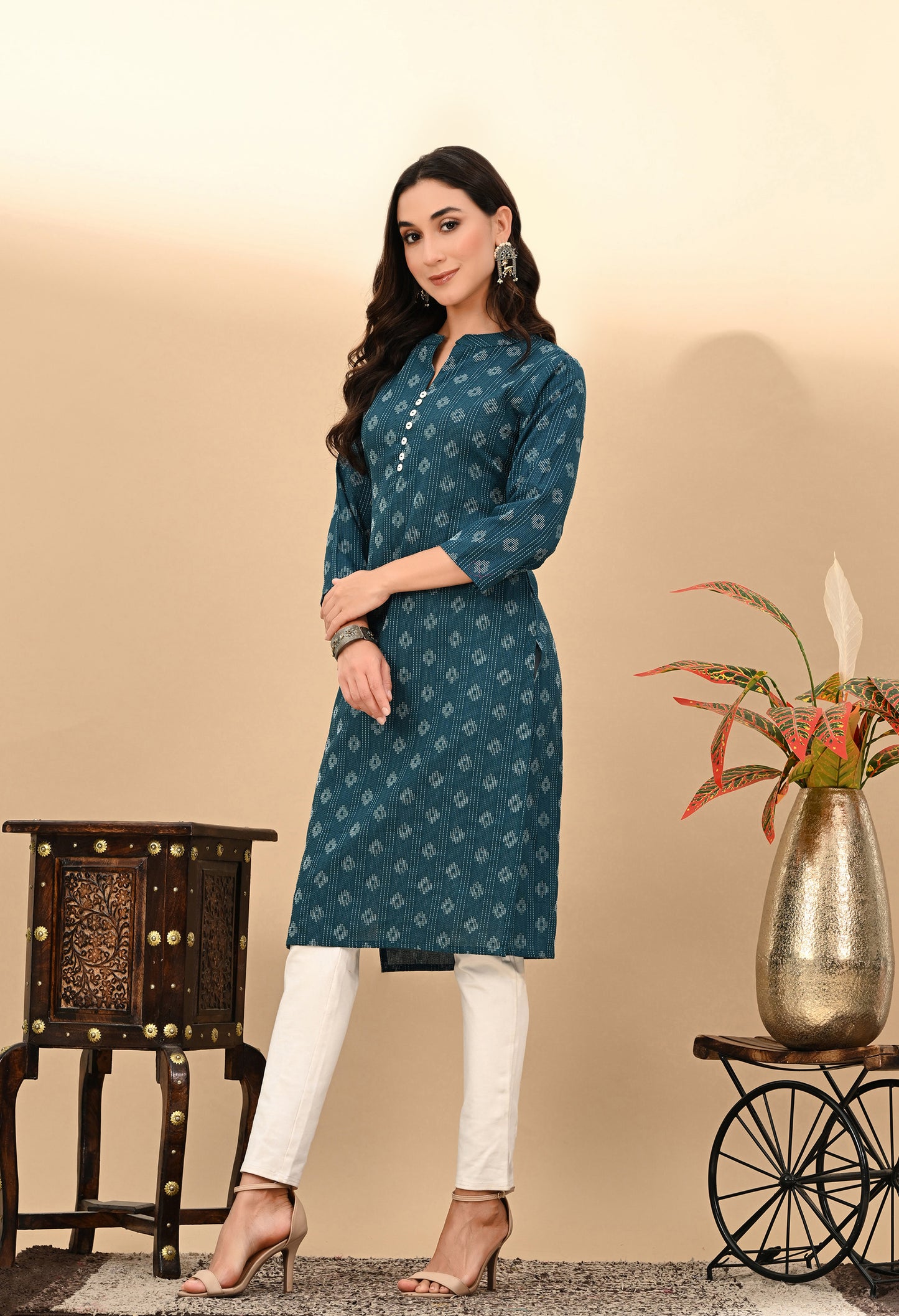 Indigo Blue katha work Cotton Kurti with chinese colar
