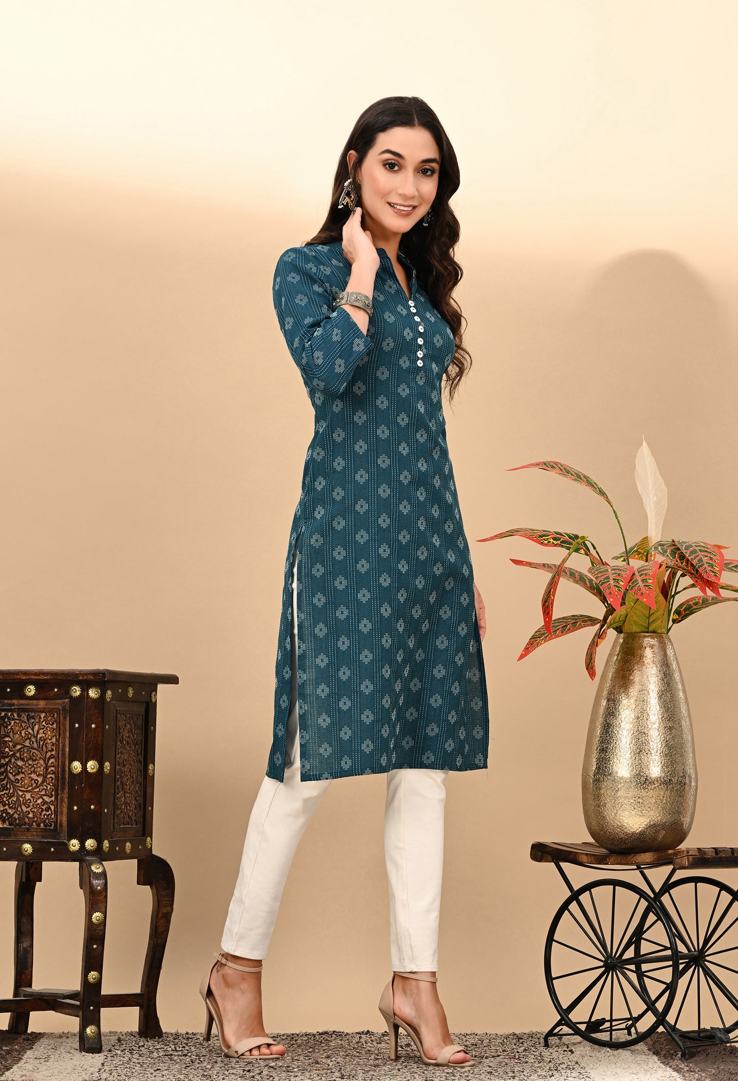 Indigo Blue katha work Cotton Kurti with chinese colar