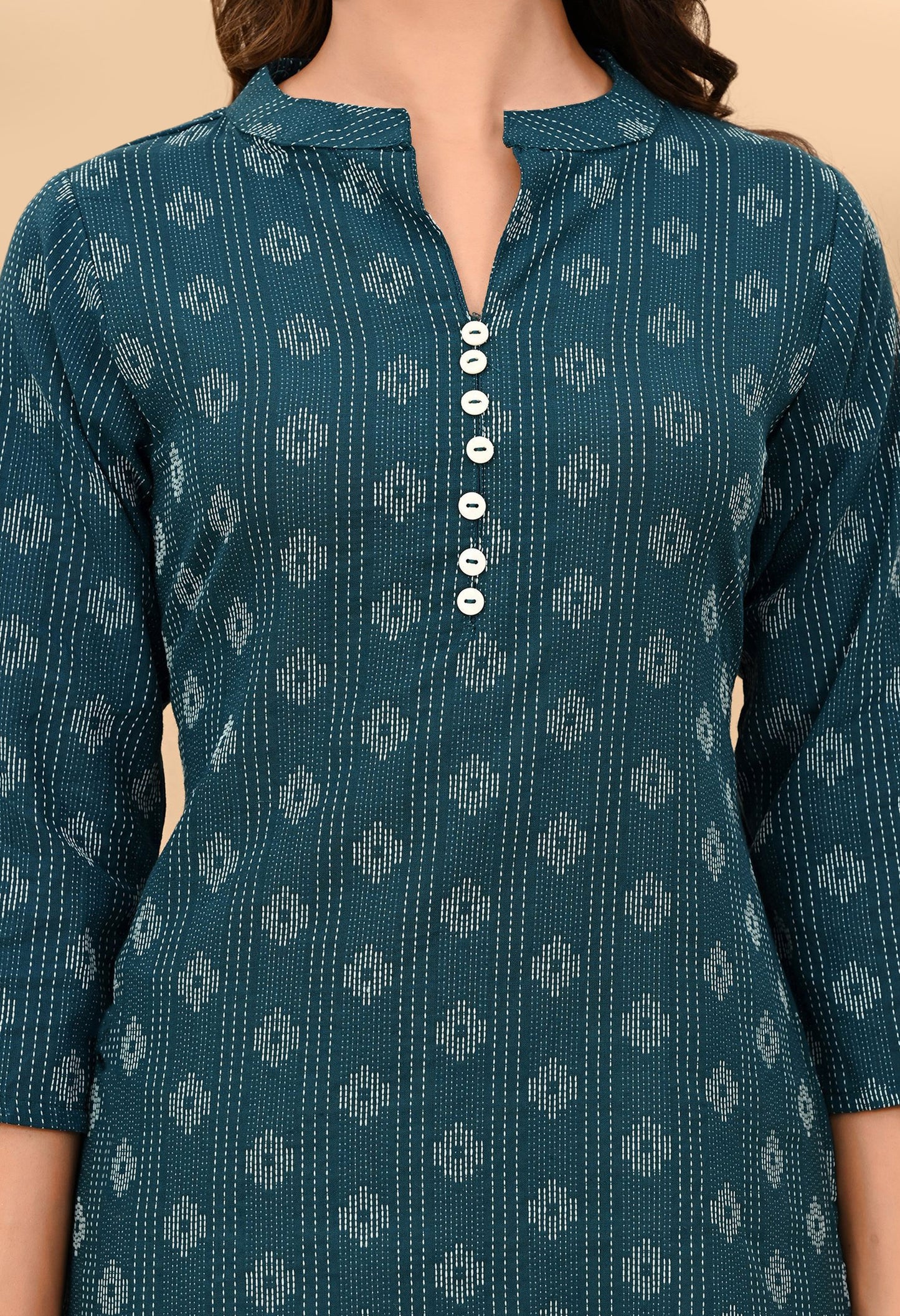 Indigo Blue katha work Cotton Kurti with chinese colar