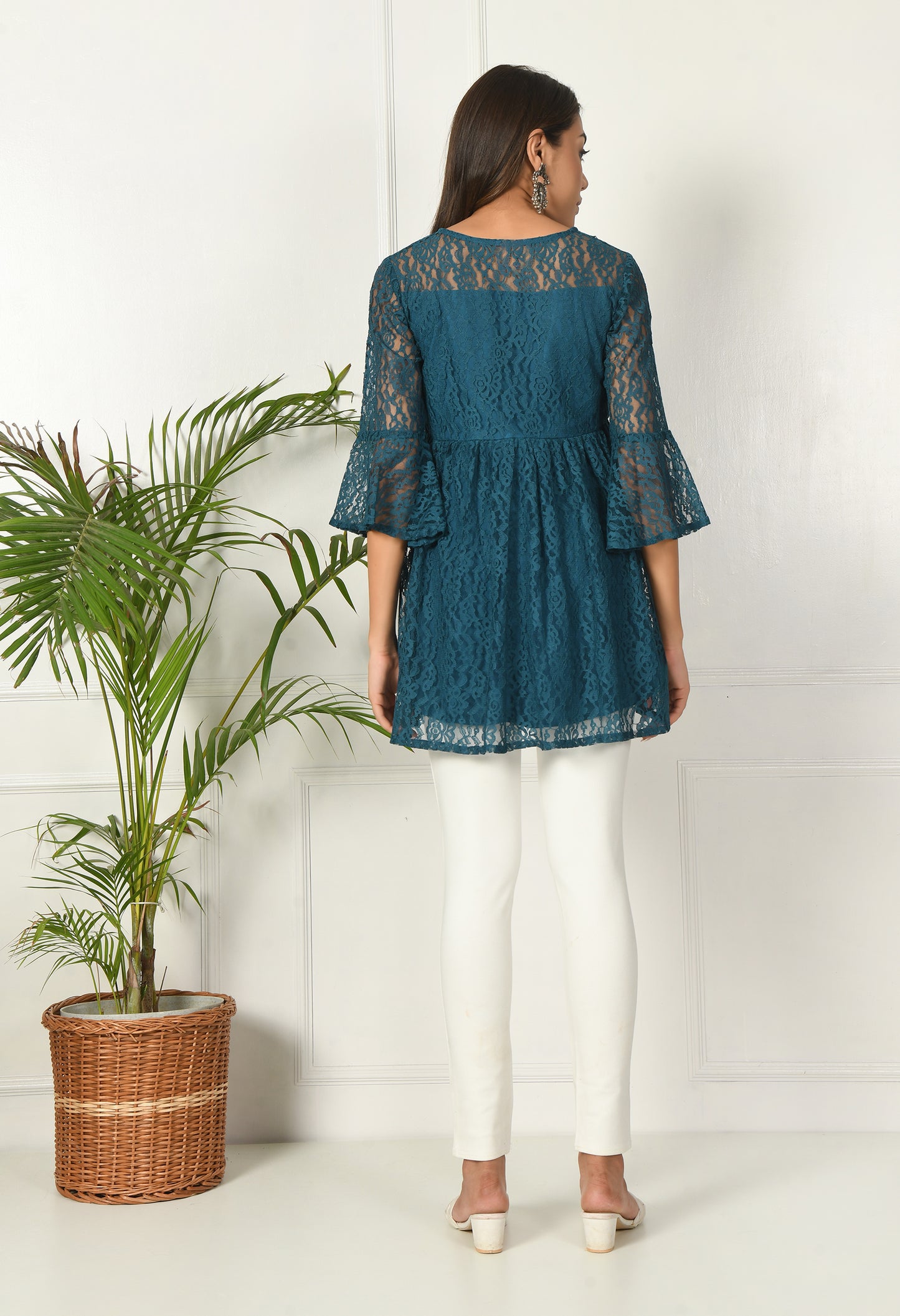 Teal Green Lace A-Line Tunic Top with Flared Sleeves