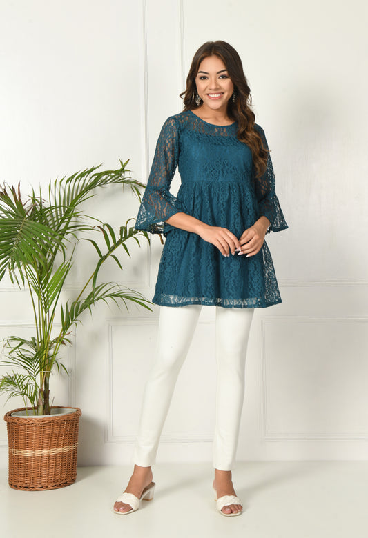 Teal Green Lace A-Line Tunic Top with Flared Sleeves