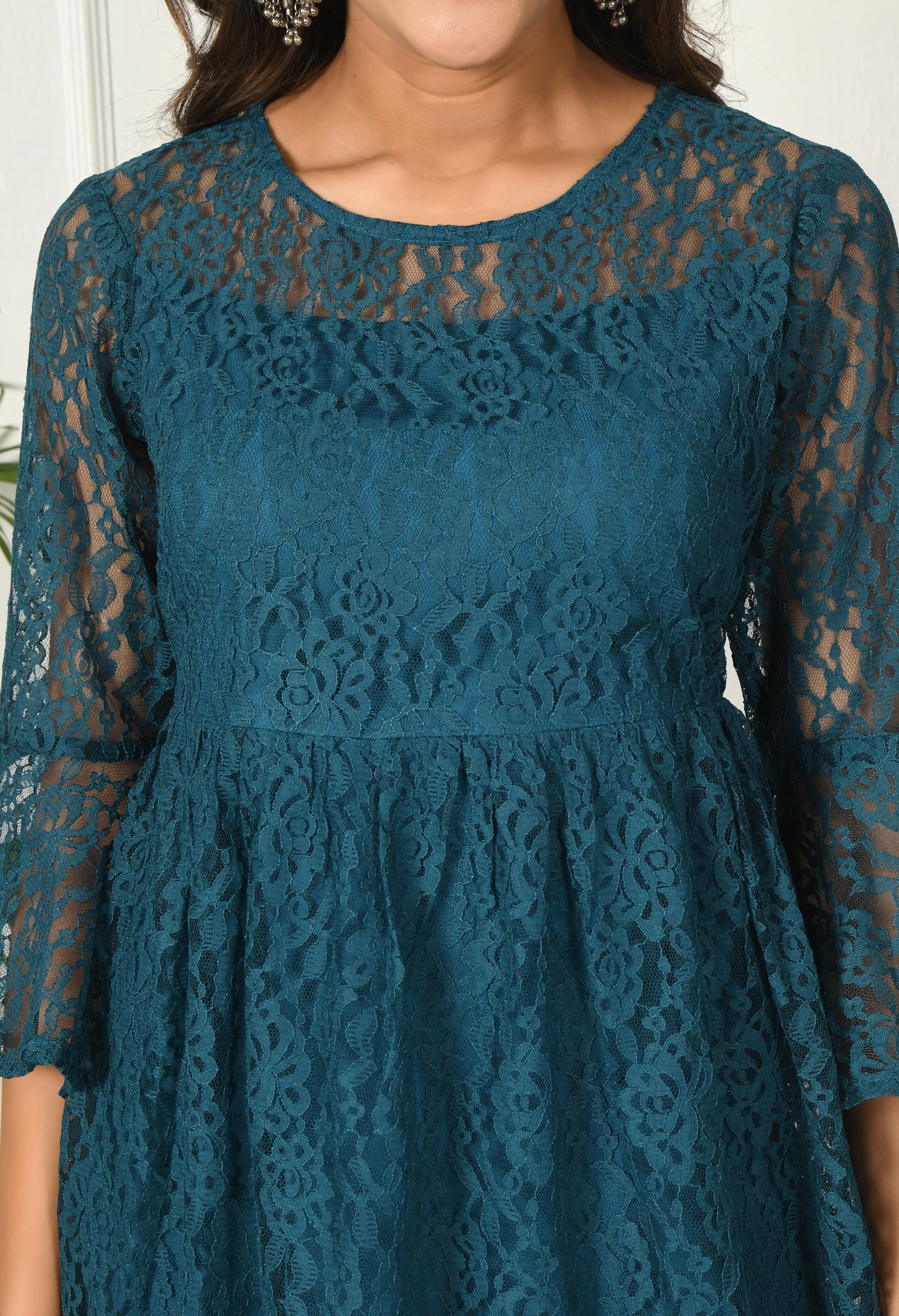 Teal Green Lace A-Line Tunic Top with Flared Sleeves