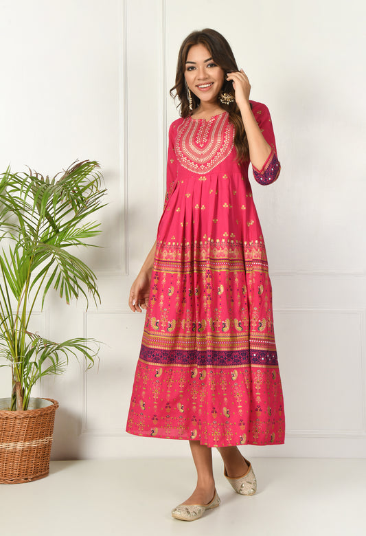 Vibrant Pink Ethnic Printed Anarkali Kurti Dress