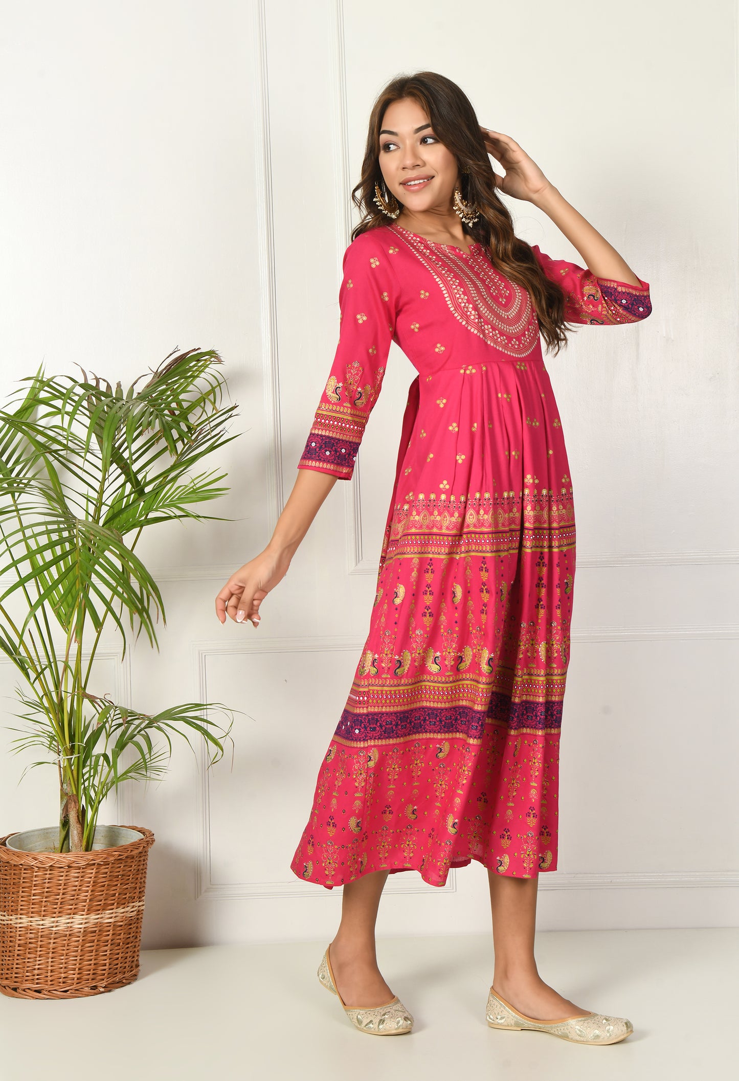 Vibrant Pink Ethnic Printed Anarkali Kurti Dress