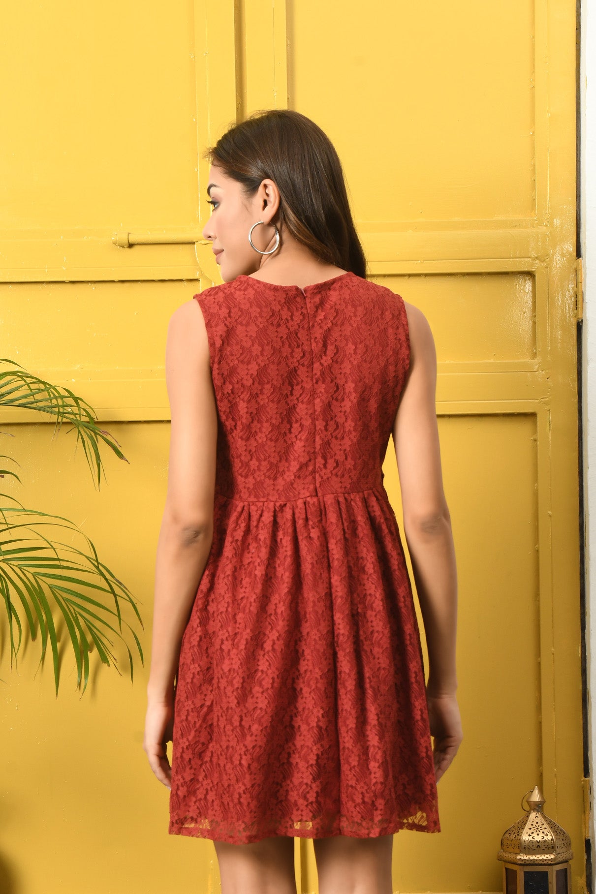 Elegant Sleeveless Red Lace Fit & Flare Dress