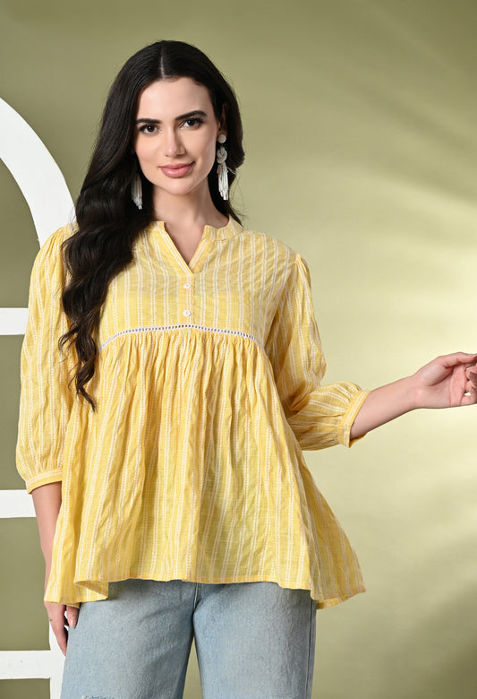 Striped katha Flared Cotton Top with Front Button Detailing