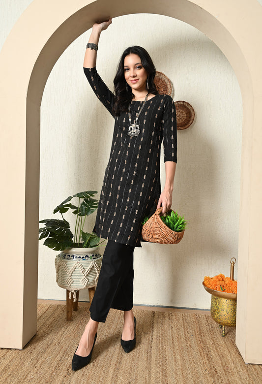 Elegant Black Vertical striped motifs with mini floral clusters Straight Kurti with Pant Set – Cotton Blend