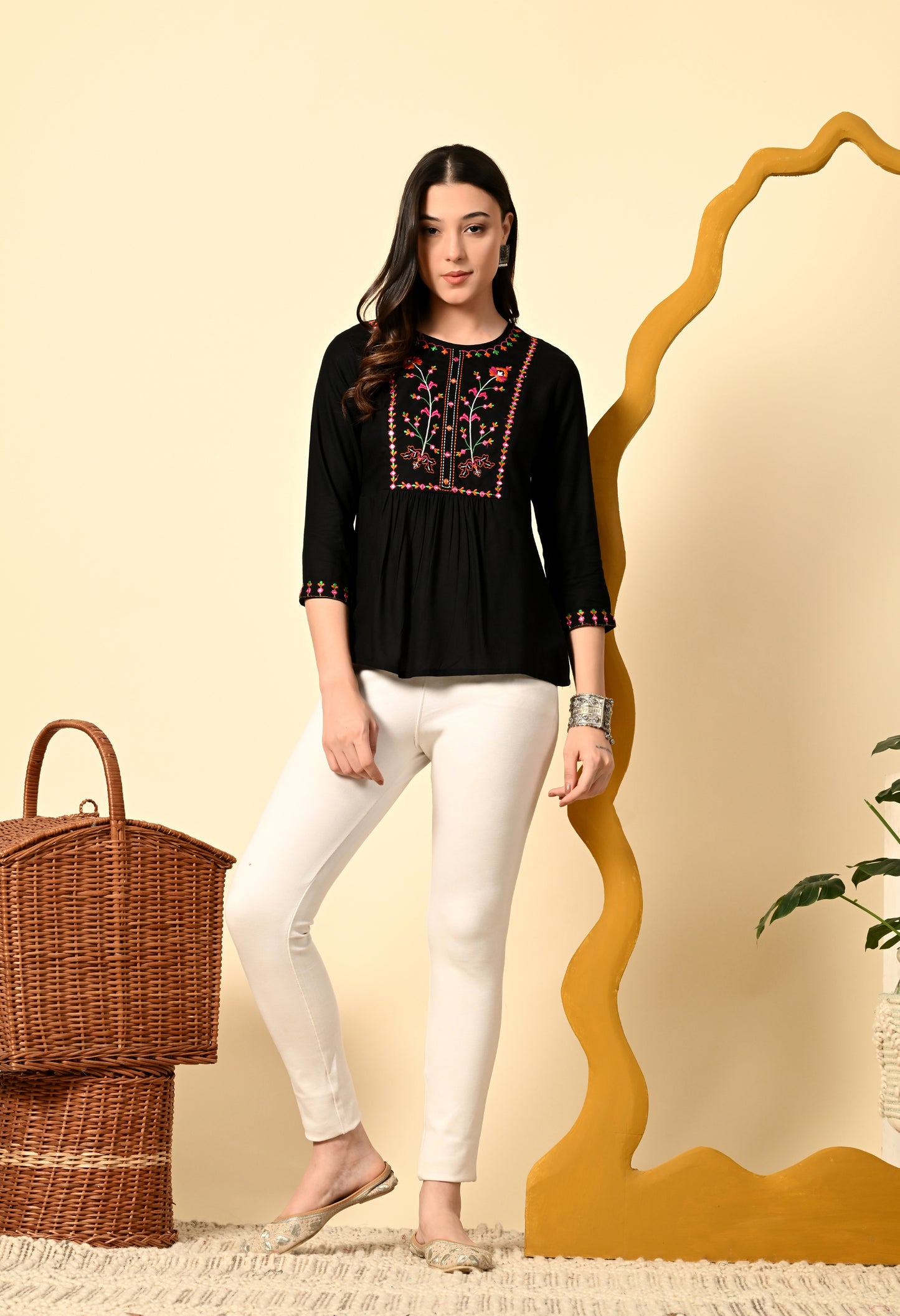 Boho Rayon Embroidered Peplum Top with Tassel Tie-Up