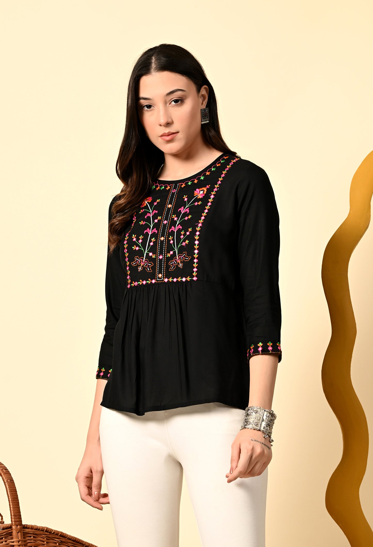 Boho Rayon Embroidered Peplum Top with Tassel Tie-Up