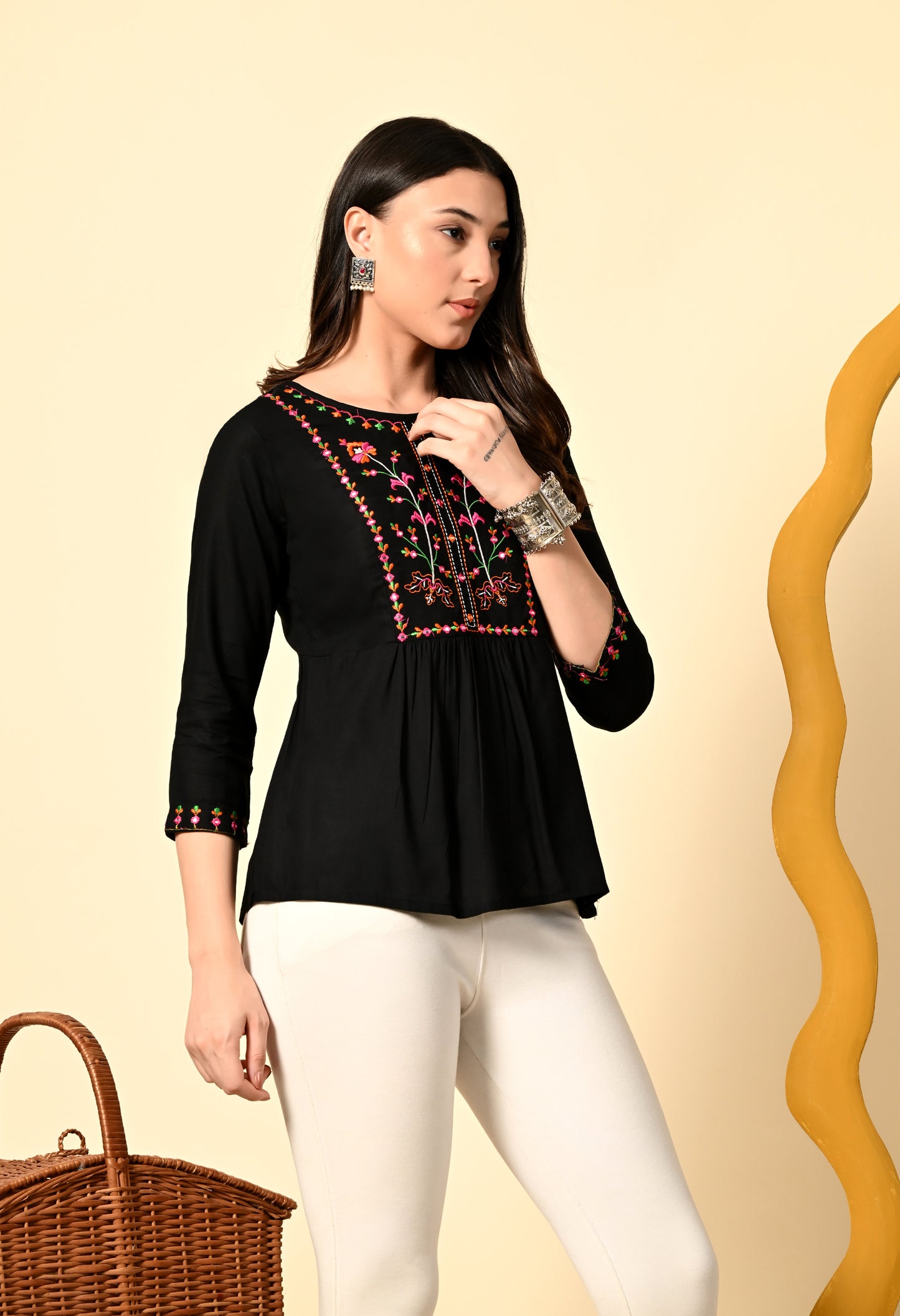 Boho Rayon Embroidered Peplum Top with Tassel Tie-Up