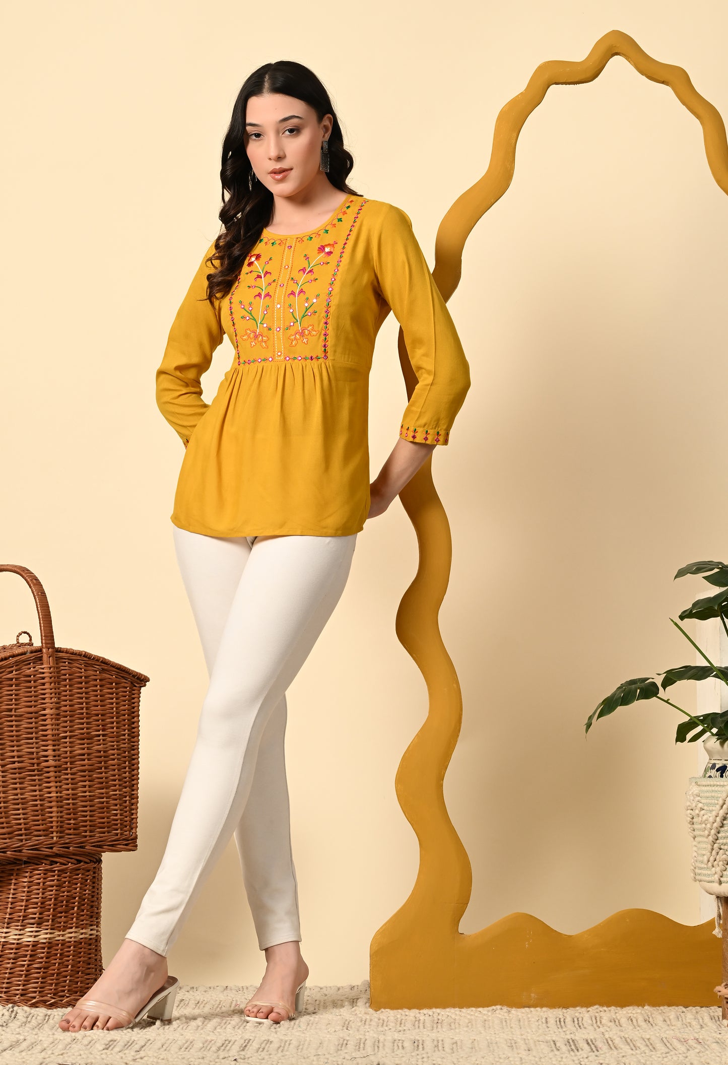 Boho Rayon Embroidered Peplum Top with Tassel Tie-Up