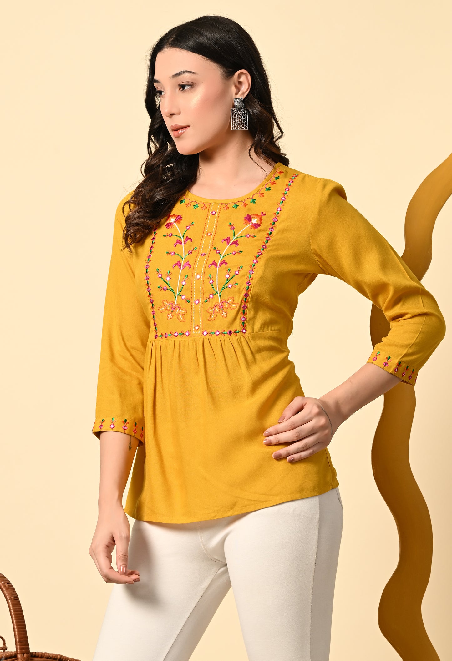 Boho Rayon Embroidered Peplum Top with Tassel Tie-Up