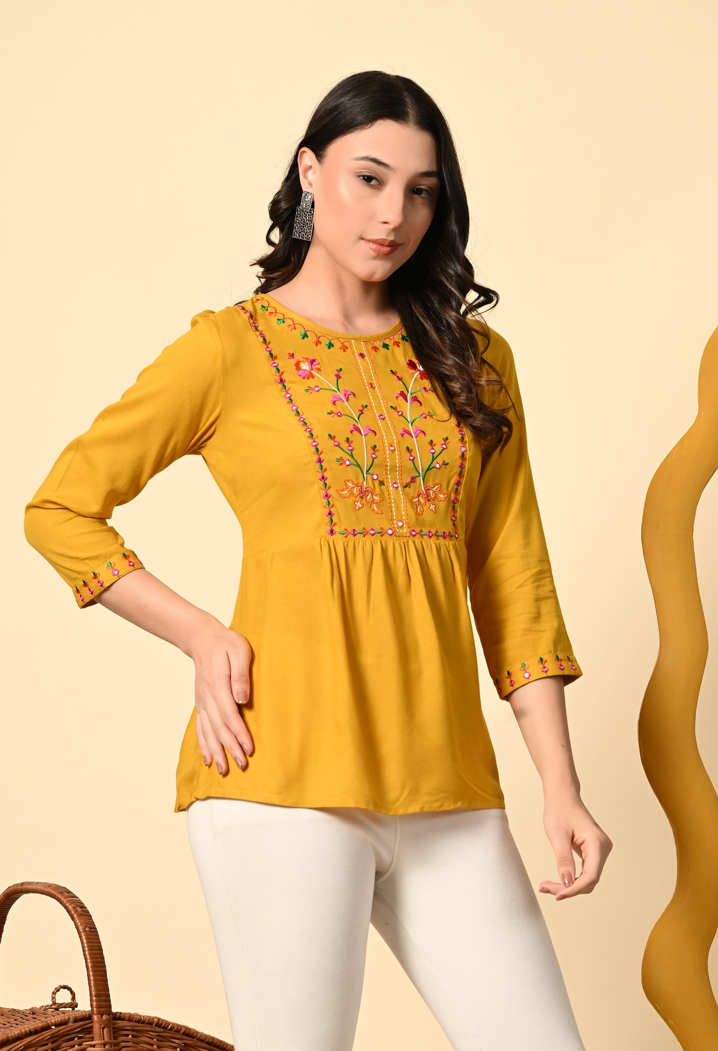 Boho Rayon Embroidered Peplum Top with Tassel Tie-Up
