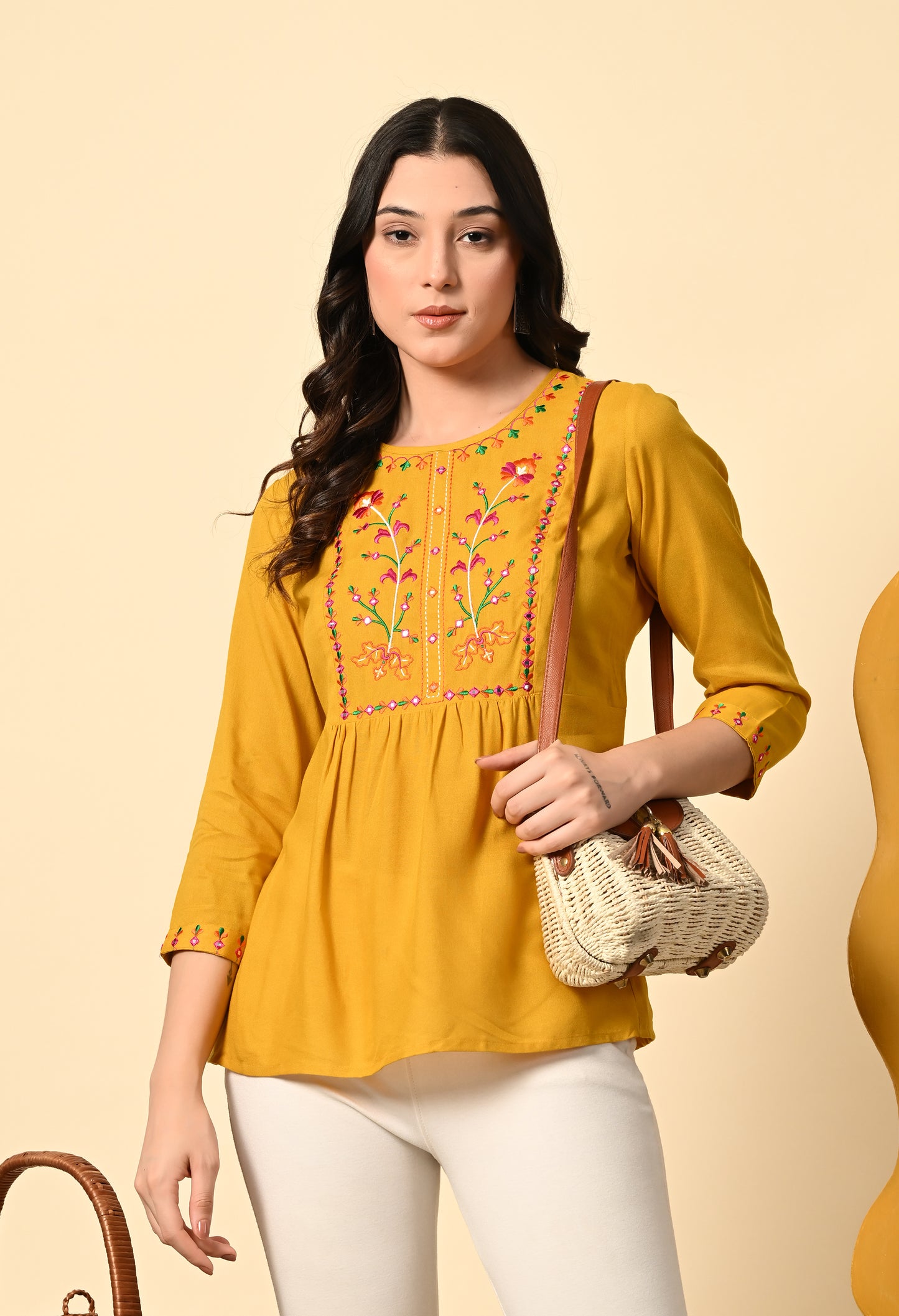 Boho Rayon Embroidered Peplum Top with Tassel Tie-Up