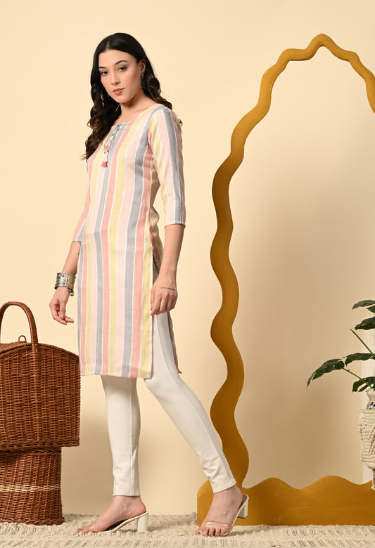 Pastel Multicolor Vertical Striped Straight Kurti – Cotton Blend Elegance