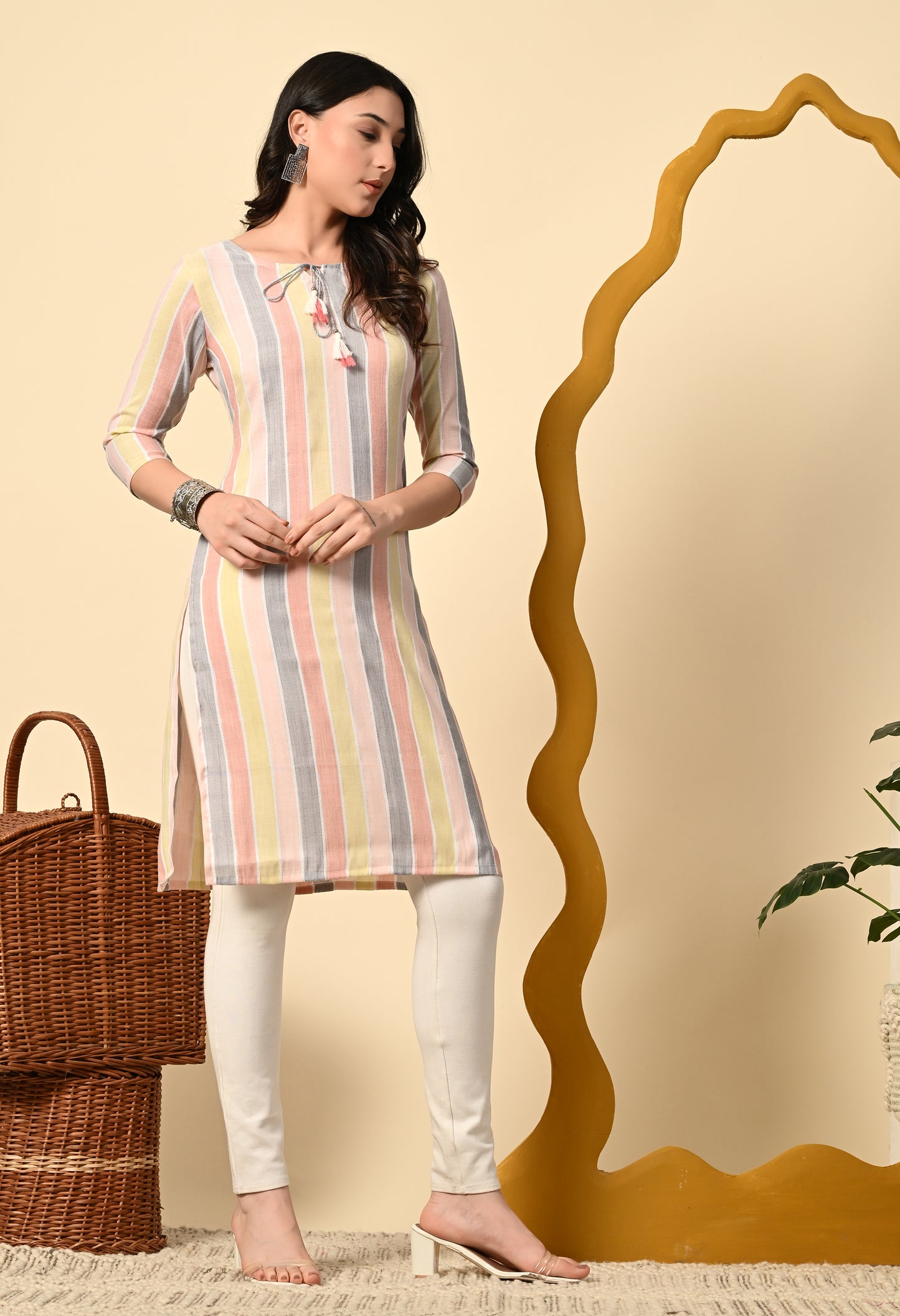 Pastel Multicolor Vertical Striped Straight Kurti – Cotton Blend Elegance