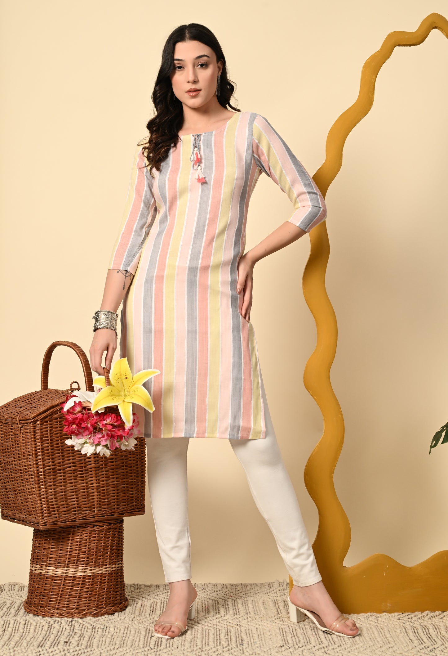 Pastel Multicolor Vertical Striped Straight Kurti – Cotton Blend Elegance